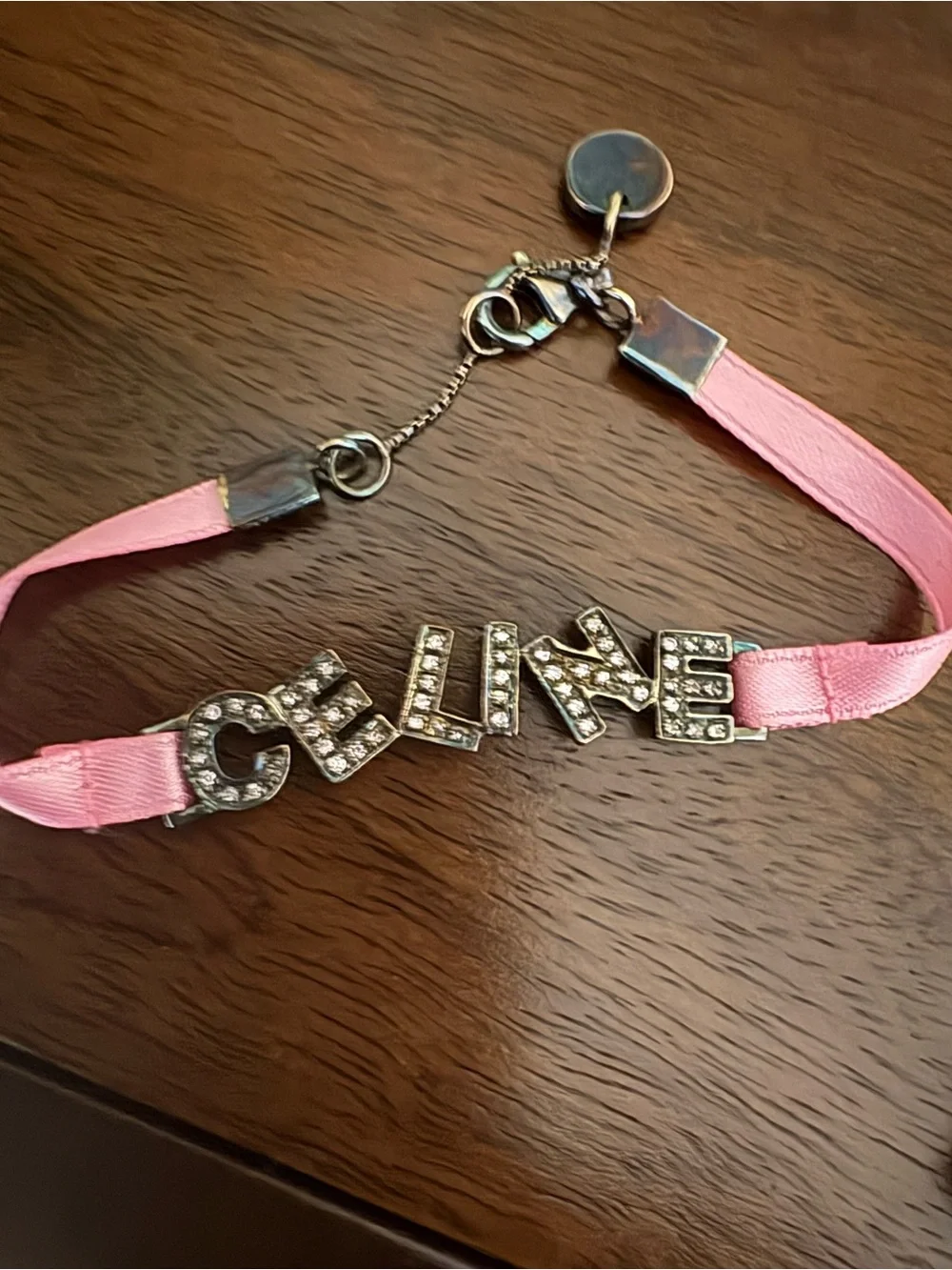 Celine Pink Satin Ribbon Bracelet with Crystal Logo